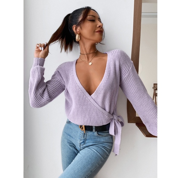 Lavender Knit Wrap V-Neck Crop Sweater - Picture 3 of 8